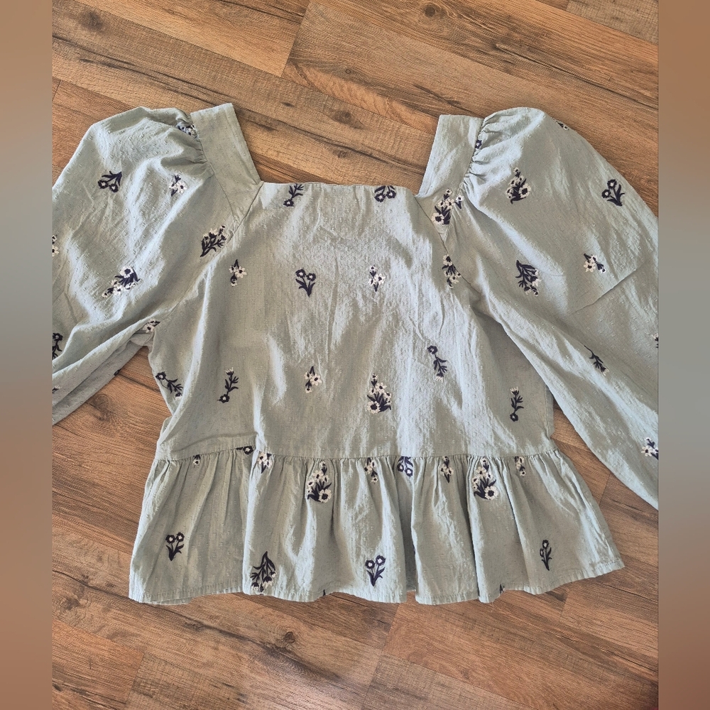 Light Green With Blue Embroided Floral Top. PUFF sleeve.